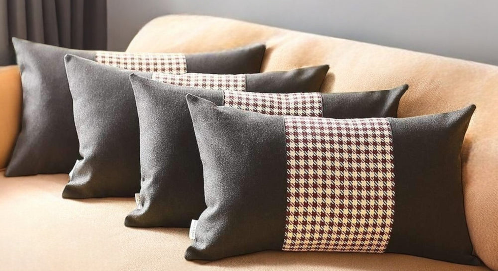 HomeRoots Set of Four Stylish 12" X 20" Houndstooth Lumbar Pillows in Bold Black, Red & White Design 471888