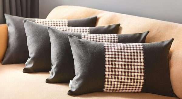 HomeRoots Set of Four Stylish 12" X 20" Houndstooth Lumbar Pillows in Bold Black, Red & White Design 471888