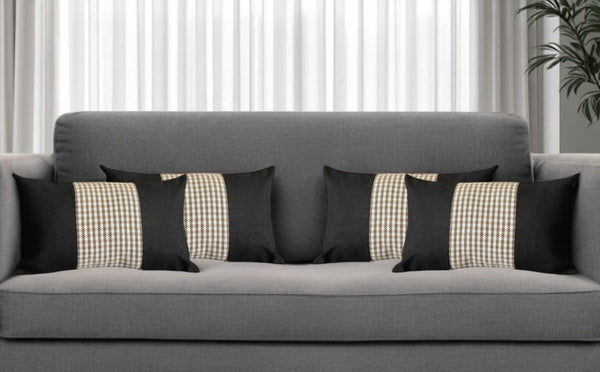 HomeRoots Set of Four Stylish Houndstooth Lumbar Throw Pillows - Black, Brown & White, Cozy Support for Any Room 471889