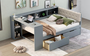 English Elm Wood Full Size Platform Bed With Stylish Storage Shelves, Charging Station, And Upholstered Headboard GX002108AAE-1-GIGA