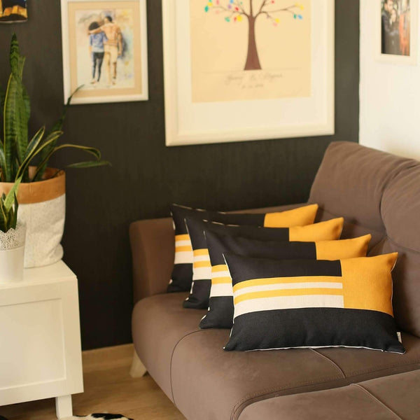 HomeRoots Set of Four Handmade Yellow Striped Lumbar Pillows - Cozy, Stylish, and Easy-Care for Any Room 471901