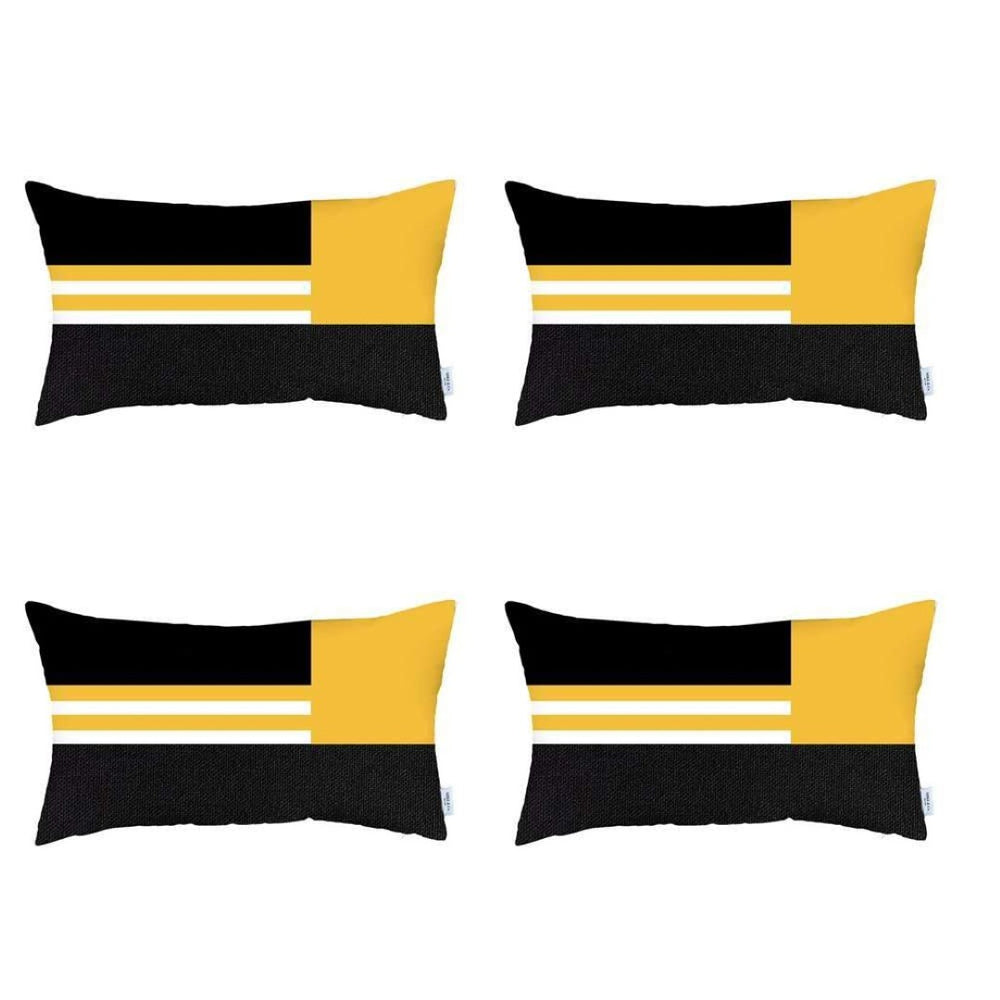 HomeRoots Set of Four Handmade Yellow Striped Lumbar Pillows - Cozy, Stylish, and Easy-Care for Any Room 471901