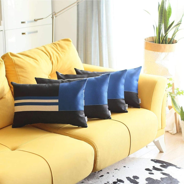 HomeRoots Set of Four Handmade Blue Striped Lumbar Pillows - Stylish 20" x 12" Polyester Cushions for Comfort 471903
