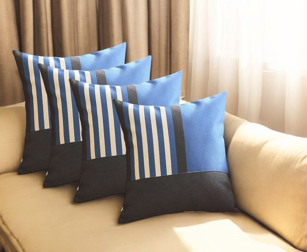 HomeRoots Set of Four 18" Striped Throw Pillows in Blue, Black, and White – Cozy, Durable, and Stylish Decor 471906