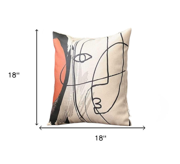 Homeroots Set Of Four 18" Ivory Black And Red Abstract Face Fabric Throw Pillows   471910