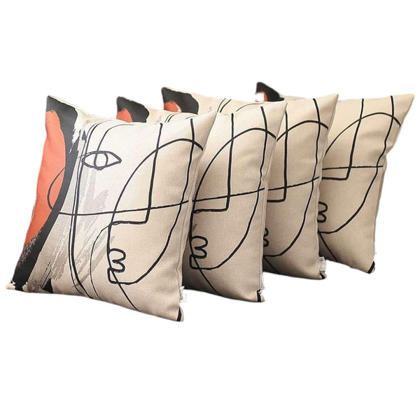 Homeroots Set Of Four 18" Ivory Black And Red Abstract Face Fabric Throw Pillows   471910