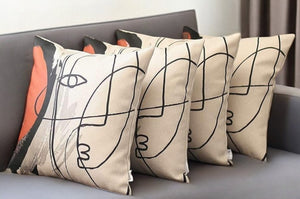 Homeroots Set Of Four 18" Ivory Black And Red Abstract Face Fabric Throw Pillows   471910