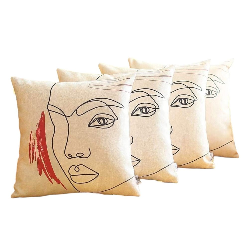 HomeRoots Set of Four 18" Abstract Face Throw Pillows in Ivory, Black & Red - Stylish, Cozy Home Decor Accent 471914