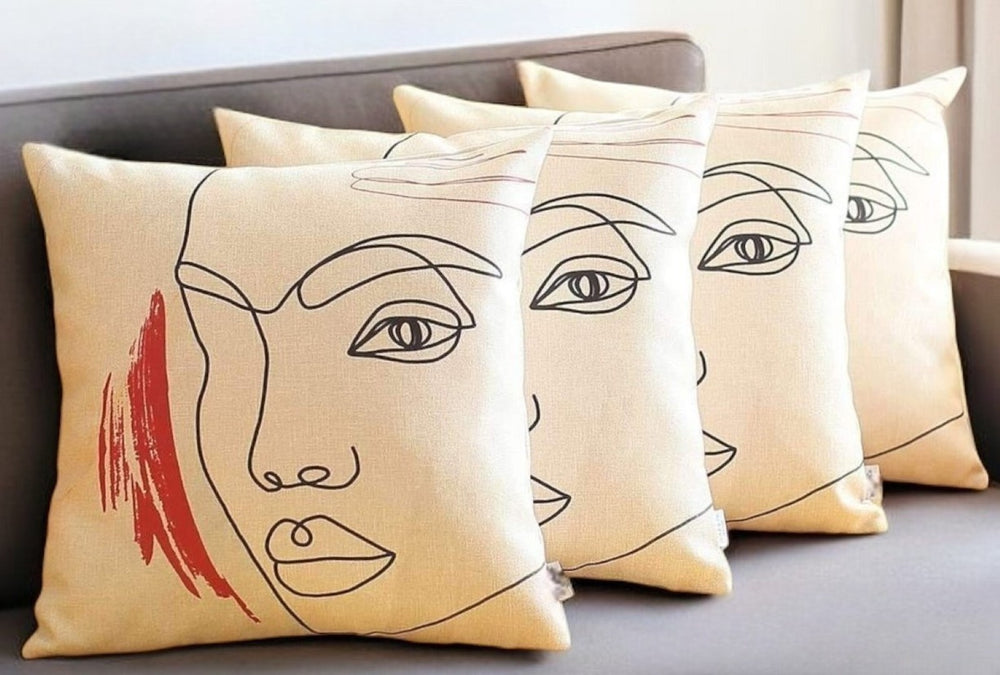 HomeRoots Set of Four 18" Abstract Face Throw Pillows in Ivory, Black & Red - Stylish, Cozy Home Decor Accent 471914