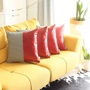 Homeroots Set Of Four 18" Red Black And White Houndstooth Fabric And Faux Leather Throw Pillows   471915