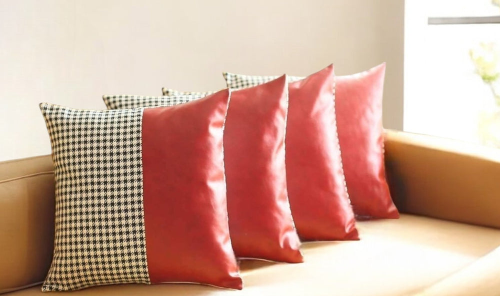 Homeroots Set Of Four 18" Red Black And White Houndstooth Fabric And Faux Leather Throw Pillows   471915