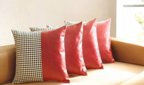 Homeroots Set Of Four 18" Red Black And White Houndstooth Fabric And Faux Leather Throw Pillows   471915