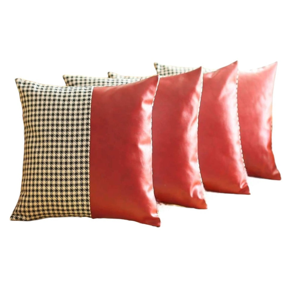 HomeRoots Set of Four Stylish 18" Red, Black & White Houndstooth Throw Pillows with Faux Leather Accents 471915