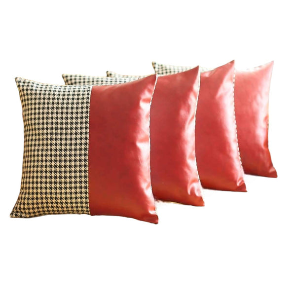 Homeroots Set Of Four 18" Red Black And White Houndstooth Fabric And Faux Leather Throw Pillows   471915