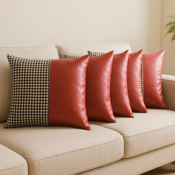 HomeRoots Set of Four Stylish 18" Red, Black & White Houndstooth Throw Pillows with Faux Leather Accents 471915