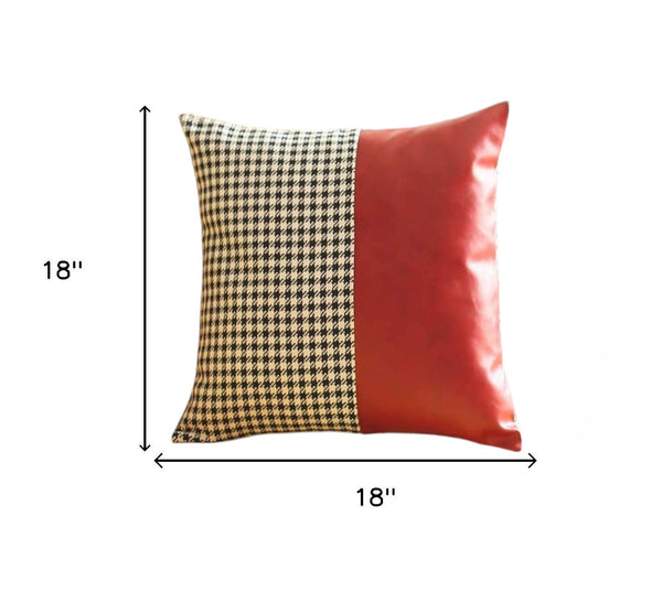 Homeroots Set Of Four 18" Red Black And White Houndstooth Fabric And Faux Leather Throw Pillows   471915