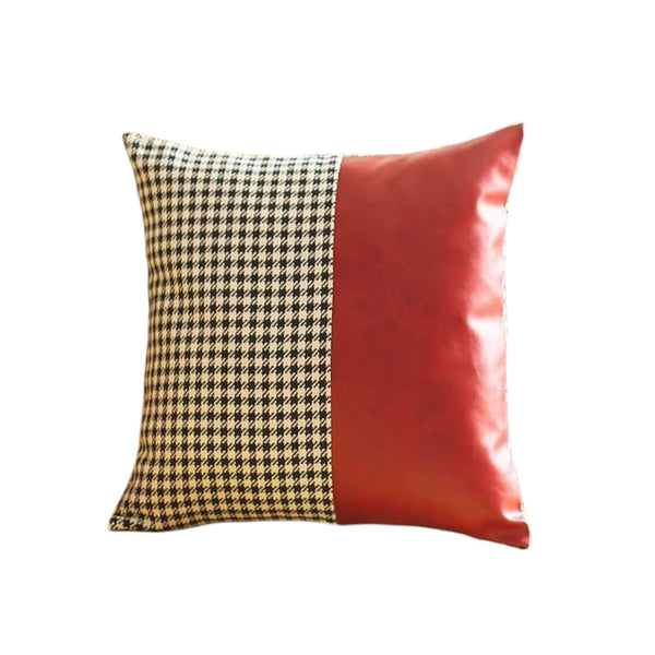 Homeroots Set Of Four 18" Red Black And White Houndstooth Fabric And Faux Leather Throw Pillows   471915