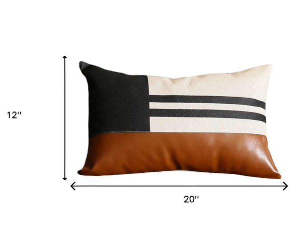 Homeroots Set Of Four 12" X 20" Brown Black And Ivory Striped Fabric And Faux Leather Lumbar Throw Pillows   471917
