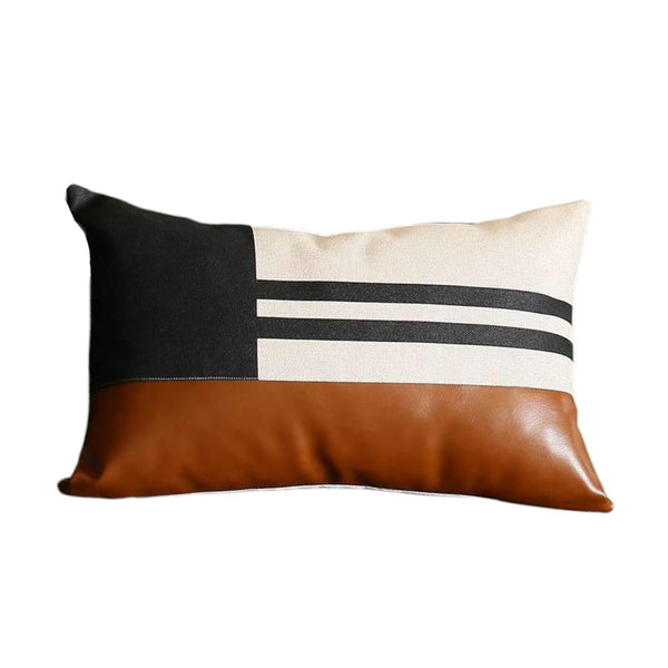 Homeroots Set Of Four 12" X 20" Brown Black And Ivory Striped Fabric And Faux Leather Lumbar Throw Pillows   471917
