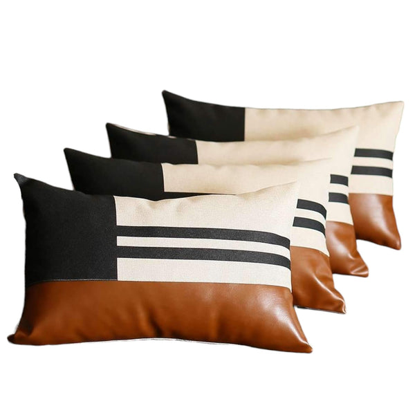 Homeroots Set Of Four 12" X 20" Brown Black And Ivory Striped Fabric And Faux Leather Lumbar Throw Pillows   471917