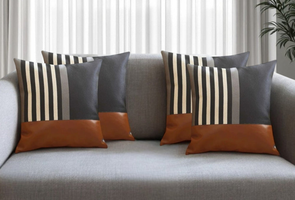 HomeRoots Set of Four 18" Striped Throw Pillows in Brown, Black & Ivory – Stylish Comfort for Any Room 471918