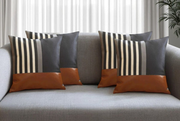 HomeRoots Set of Four 18" Striped Throw Pillows in Brown, Black & Ivory – Stylish Comfort for Any Room 471918