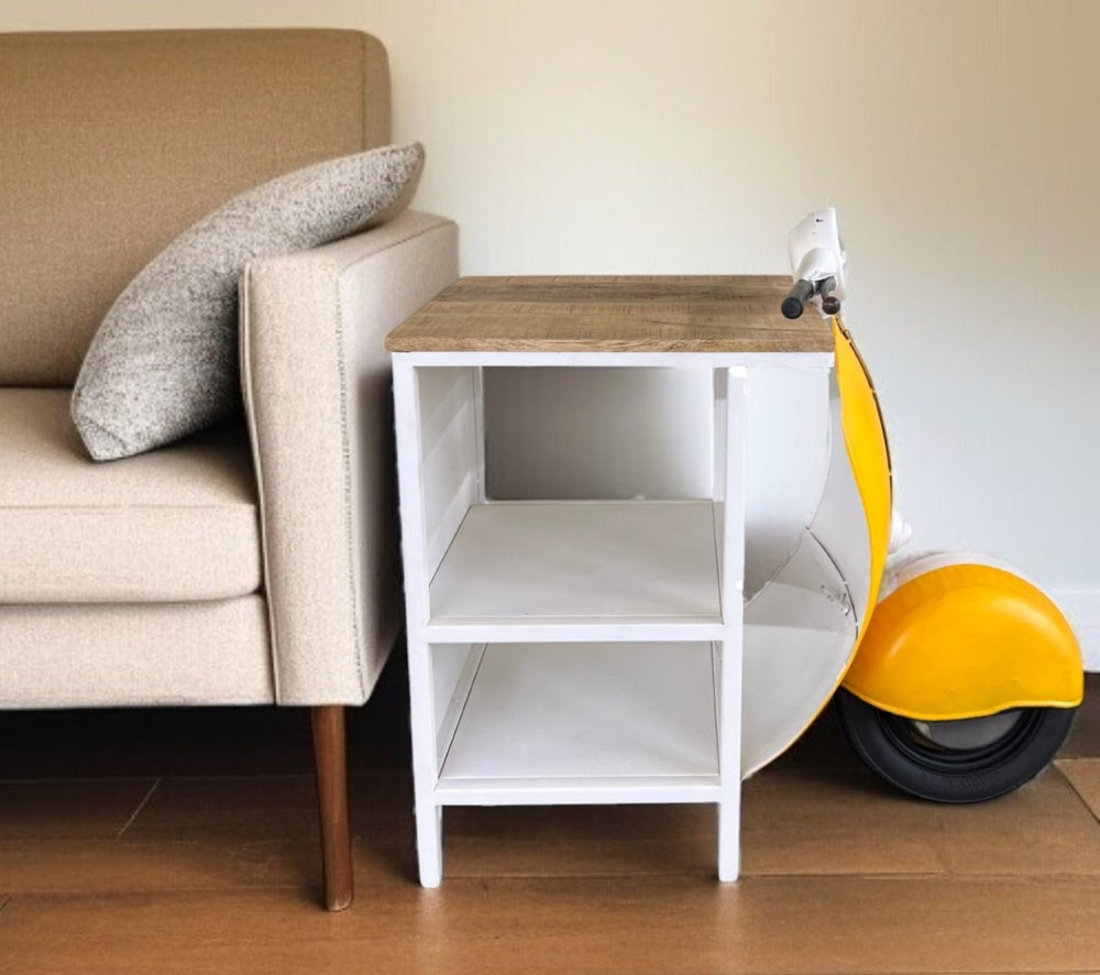 HomeRoots Yellow Mini Scooter End Table - Vintage-Inspired Mango Wood & Metal Accent with Open Shelves 471928