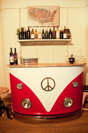 HomeRoots 60" Retro Red and White Metal-Wood Peace Van Bar Server with Wine Storage & Distressed Top Decor 471932