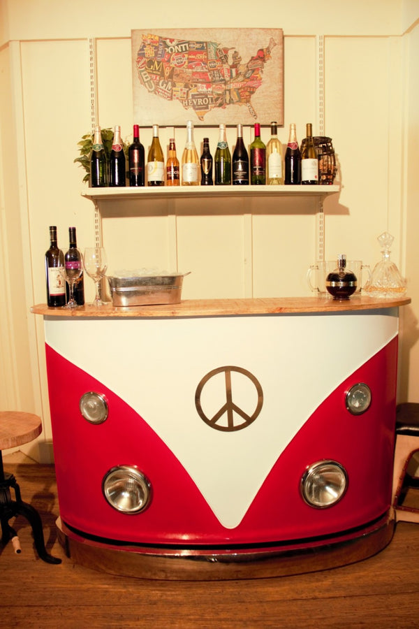 HomeRoots 60" Retro Red and White Metal-Wood Peace Van Bar Server with Wine Storage & Distressed Top Decor 471932