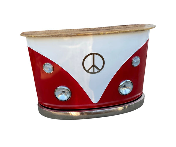 HomeRoots 60" Retro Red and White Metal-Wood Peace Van Bar Server with Wine Storage & Distressed Top Decor 471932