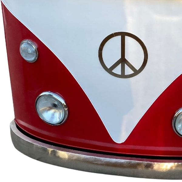 HomeRoots 60" Retro Red and White Metal-Wood Peace Van Bar Server with Wine Storage & Distressed Top Decor 471932