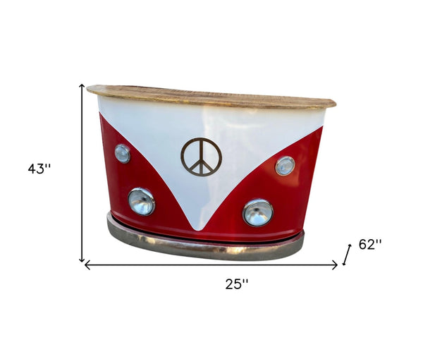 HomeRoots 60" Retro Red and White Metal-Wood Peace Van Bar Server with Wine Storage & Distressed Top Decor 471932