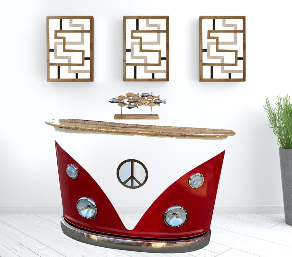 HomeRoots 60" Retro Red and White Metal-Wood Peace Van Bar Server with Wine Storage & Distressed Top Decor 471932