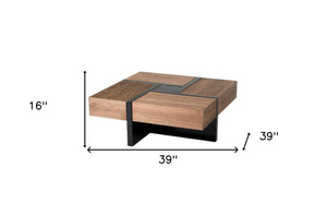 Homeroots 39" Brown And Black And Black Square Coffee Table With Four Drawers   471984