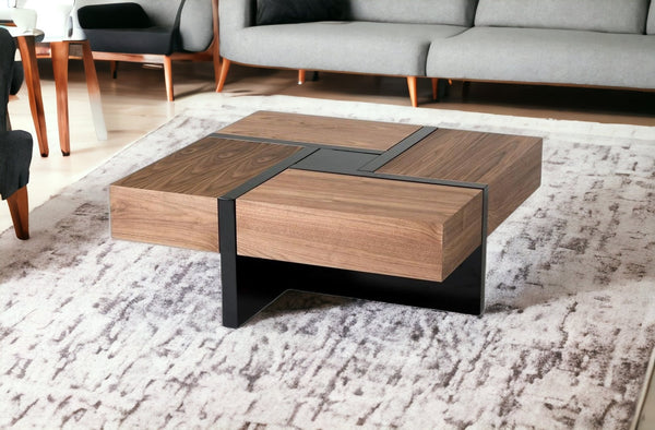 Homeroots 39" Brown And Black And Black Square Coffee Table With Four Drawers   471984