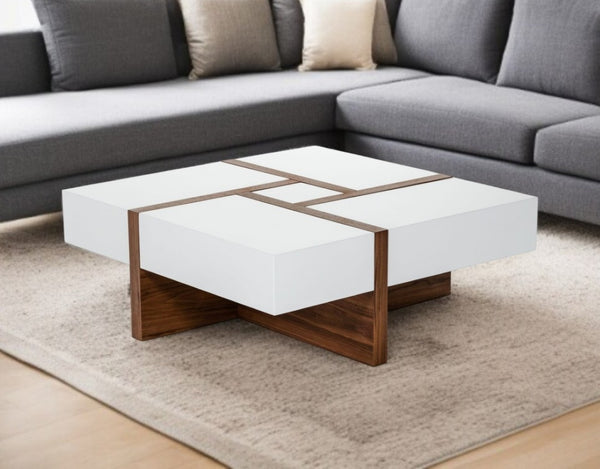 HomeRoots 39" Stylish Brown and White Square Coffee Table with Soft-Closing Drawers for Modern Living Spaces 471985
