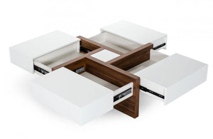 Homeroots Modern White And Walnut Square Coffee Table With Storage   471985