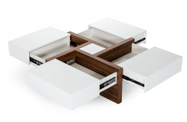 Homeroots Modern White And Walnut Square Coffee Table With Storage   471985