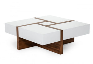 Homeroots Modern White And Walnut Square Coffee Table With Storage   471985