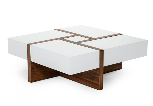 Homeroots Modern White And Walnut Square Coffee Table With Storage   471985