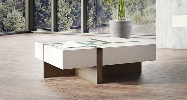 Homeroots Modern White And Walnut Square Coffee Table With Storage   471985