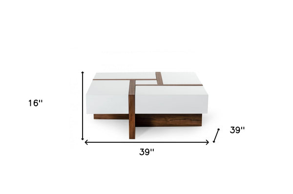 Homeroots Modern White And Walnut Square Coffee Table With Storage   471985