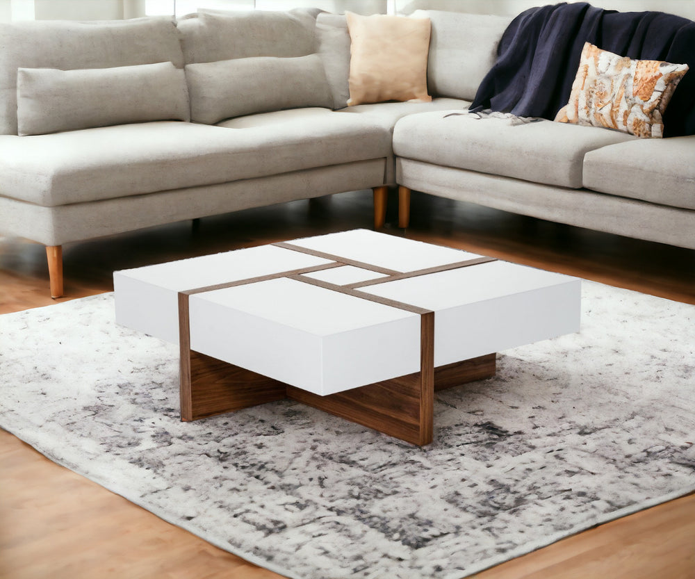 Homeroots Modern White And Walnut Square Coffee Table With Storage   471985
