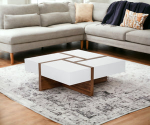 Homeroots Modern White And Walnut Square Coffee Table With Storage   471985