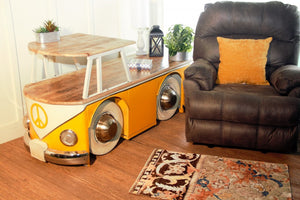 Homeroots 37" Rustic Natural And Yellow Peace Van Coffee Table   471987