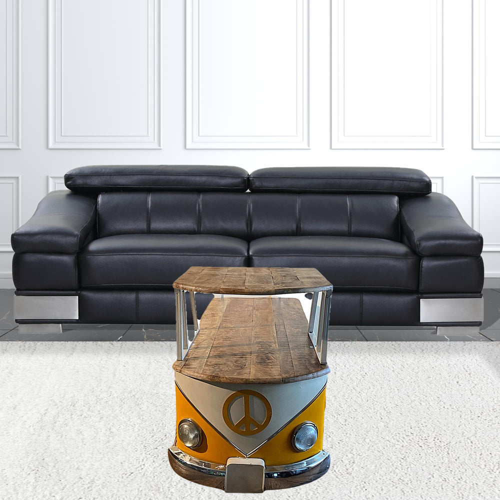 Homeroots 37" Rustic Natural And Yellow Peace Van Coffee Table   471987