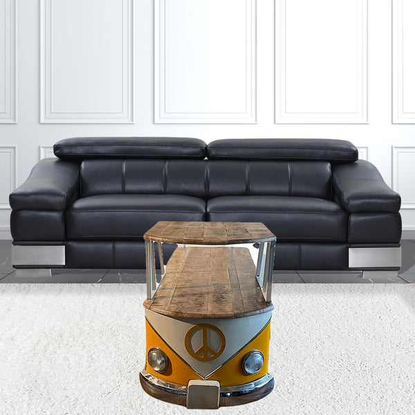 Homeroots 37" Rustic Natural And Yellow Peace Van Coffee Table   471987