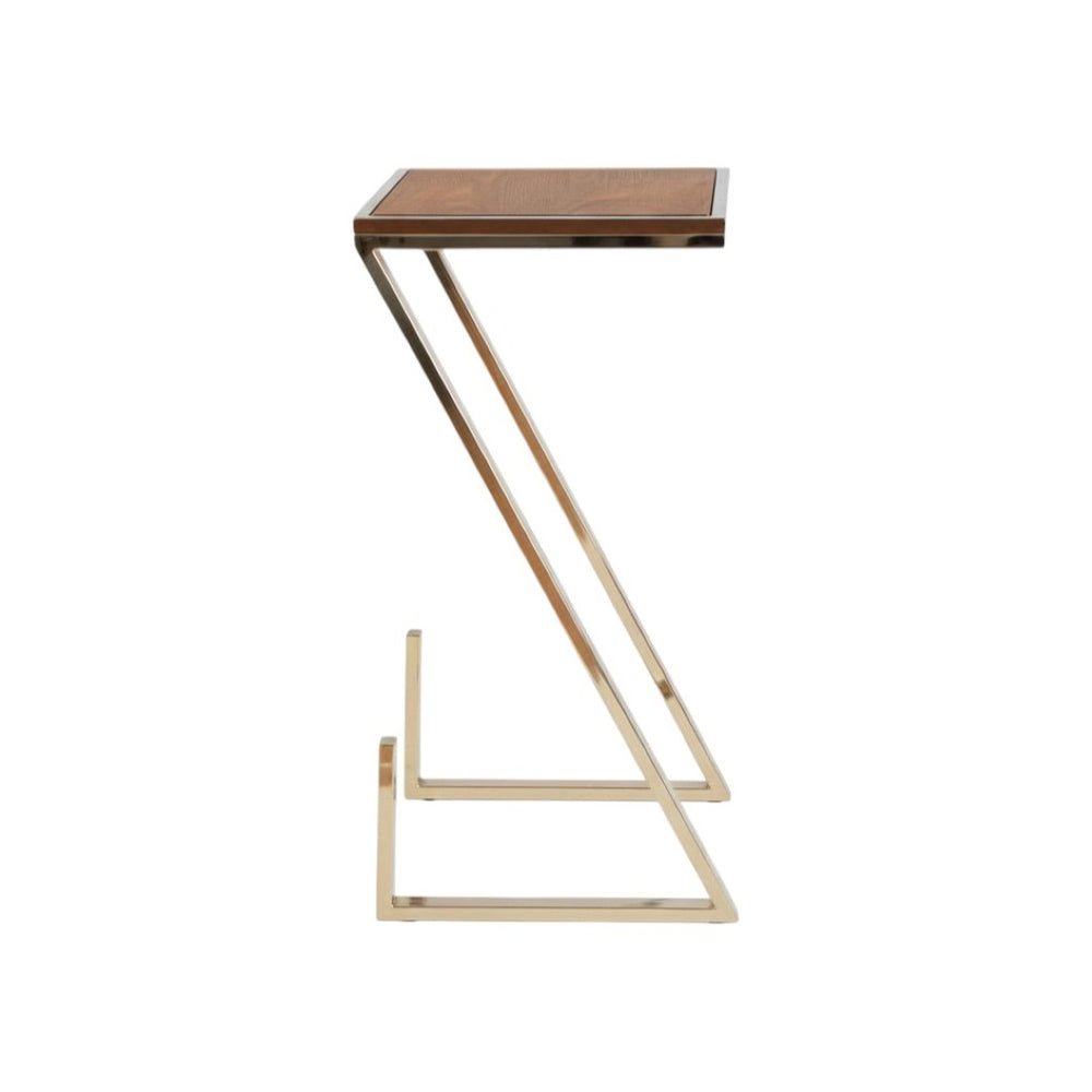 HomeRoots Stylish Asymmetrical Z-Shaped Side Table in Warm Wood & Gold Metal Finish - Modern Living Accent Piece 471988