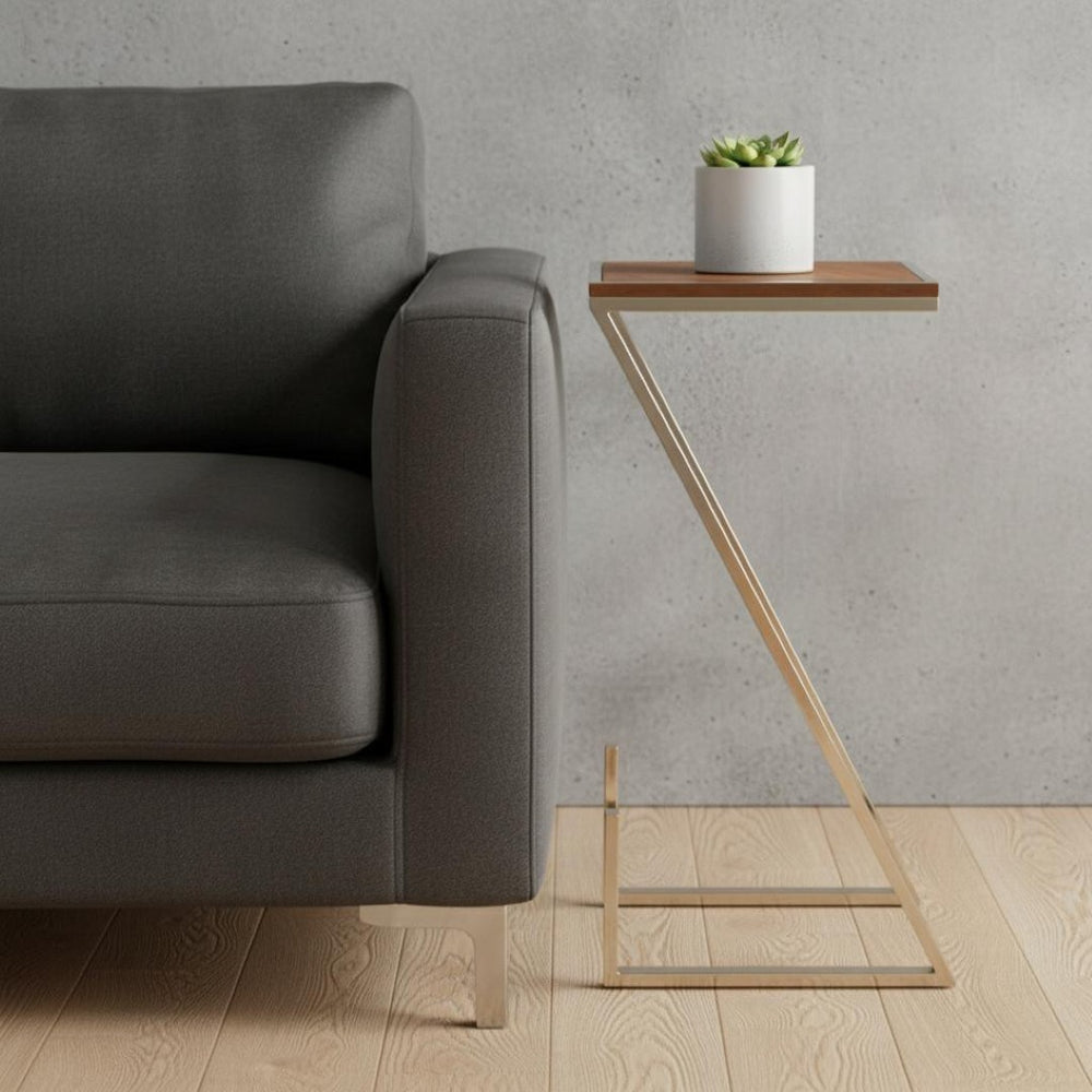 HomeRoots Stylish Asymmetrical Z-Shaped Side Table in Warm Wood & Gold Metal Finish - Modern Living Accent Piece 471988