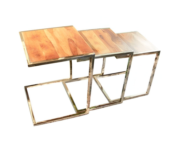 HomeRoots Set of Three Modern C-Shaped Nesting End Tables with Solid Mango Wood & Gold Metal Finish Design 471994